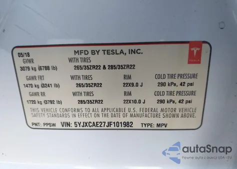 2018 Tesla Model X 100D/75D/P100D z USA, uszkodzony, nr VIN 5YJXCAE27JF101982